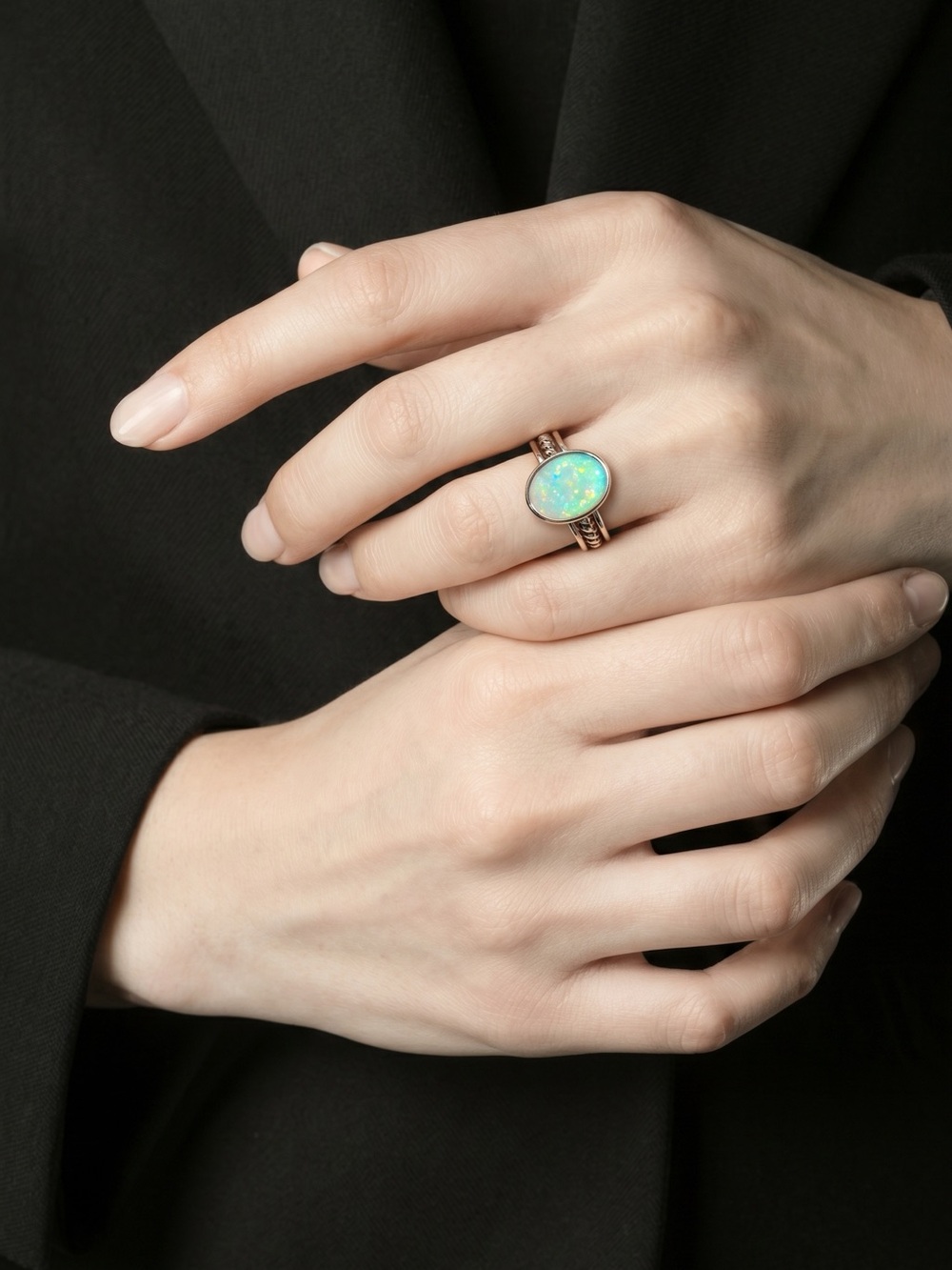Sterling Silver Australian Opal Oval Ring - Blue Green Fire w/ Many colors